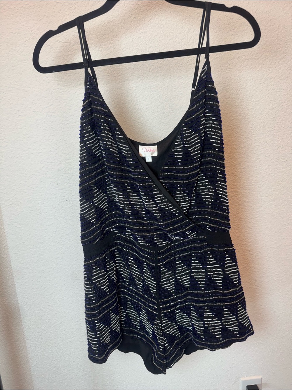 Parker Black Beaded Sequin Spaghetti Strap Wrap Top Size Small